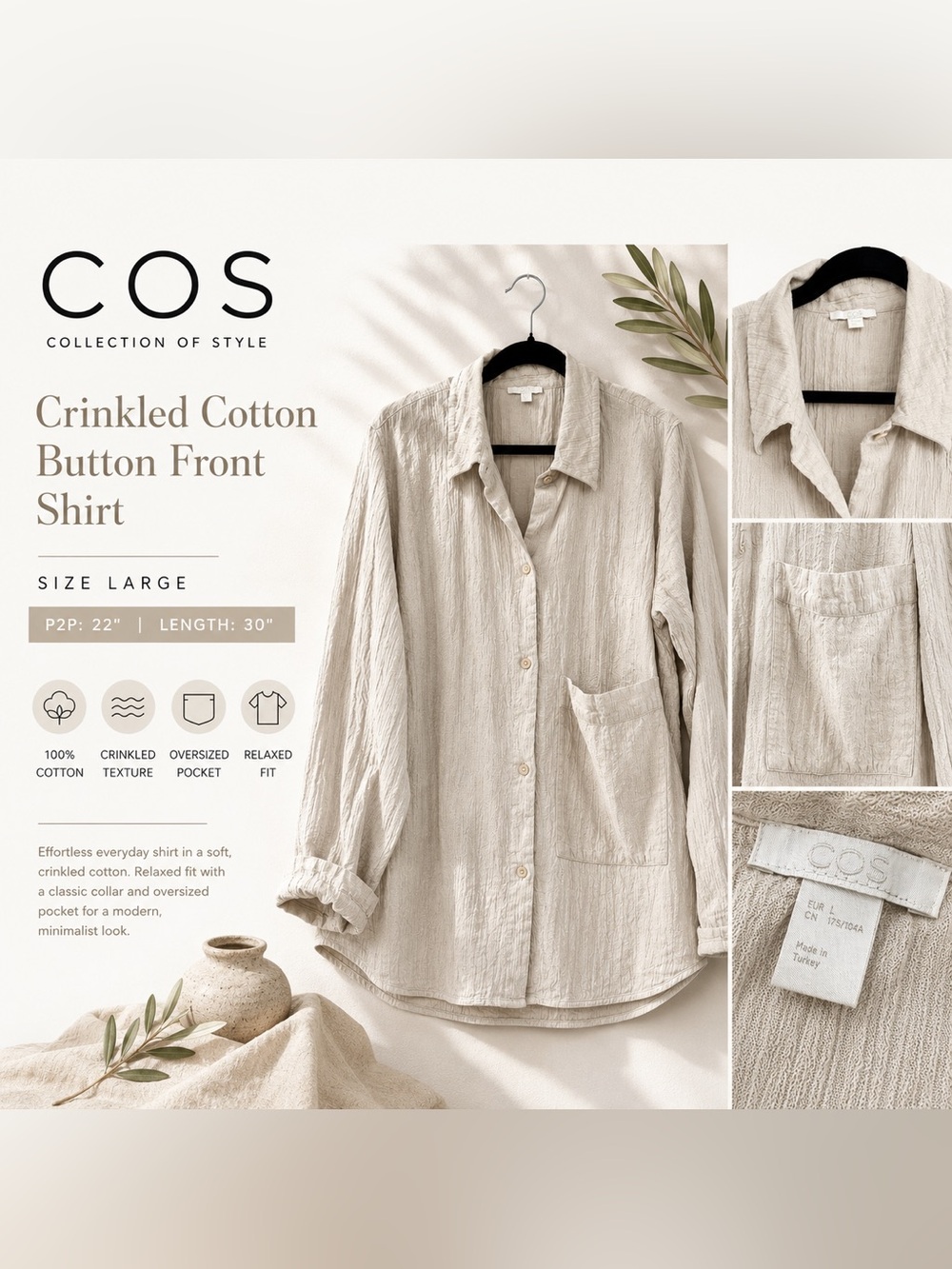 COS Crinkled Cotton Button Front Shirt Neutral Beige Size Large